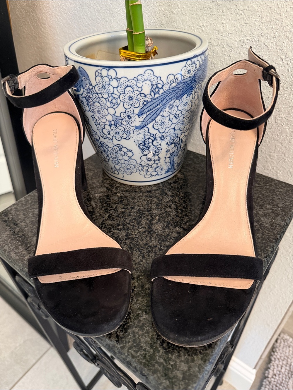 Stuart Weitzman Black Suede Ankle Strap Heels